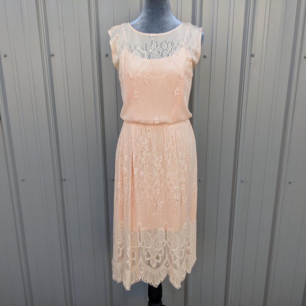Vintage 70s Peach Lace Dress S Bohemian Midi Romantic Disco Party Flapper Pastel